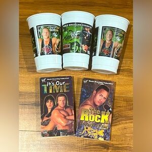 Vintage WWF wrestling bundle - 2 VHS/PROMO RVD SLURPEE CUPS